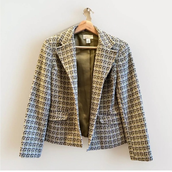 Talbots Women’s Classic Fitted Blazer Woven Wool Blend Tweed Olive Size 4 - Picture 2 of 11